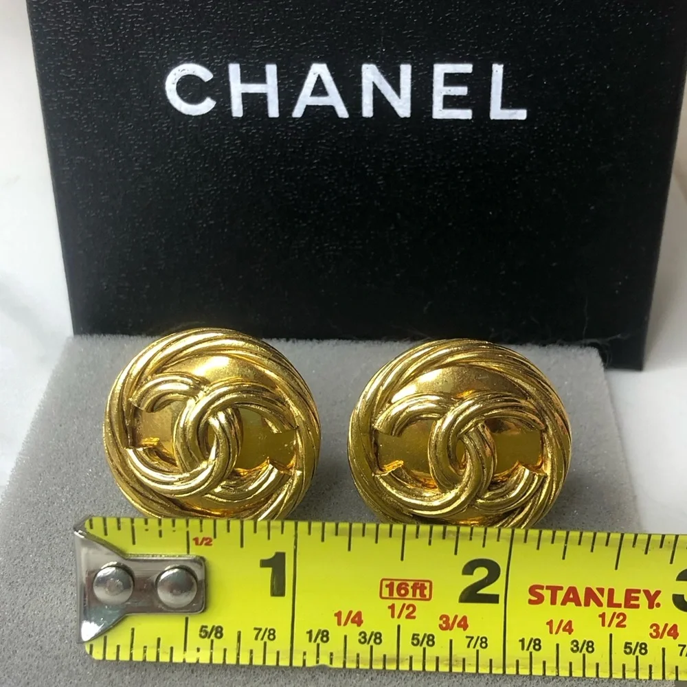 CHANEL Gold Interlinked CC Rope Bezel Detail Statement Earrings w/ Box